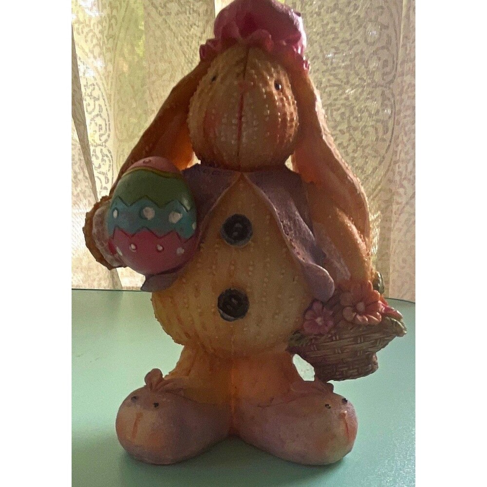 Vintage 90βs Easter Bunny Resin Figurine Holding Painted Egg & Flower Basket